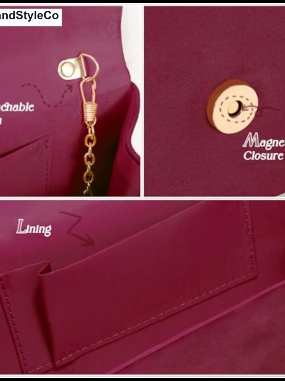 Faux Suede Evening Clutch with Detachable Gold Chain Flap Magnetic Snap